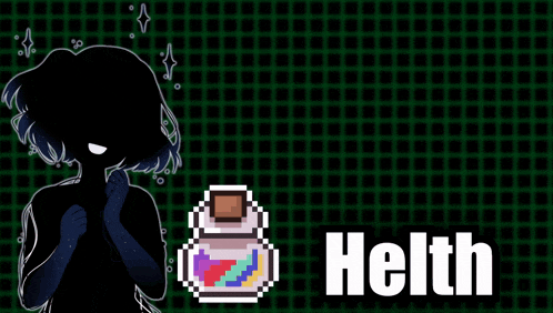 a pixel art drawing of a girl and a bottle with the name helth