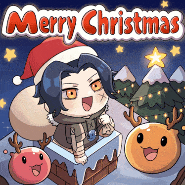 a merry christmas greeting card with a boy in a santa hat