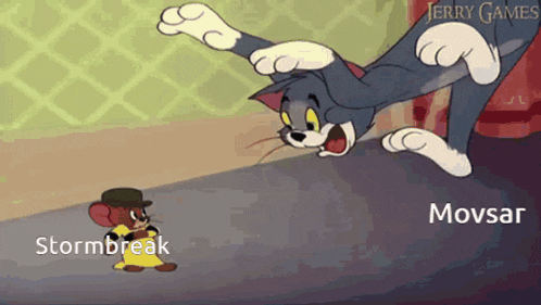 a cartoon of tom and jerry with the words stormbreak and movsar on the bottom