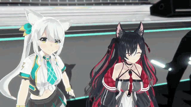 two anime girls are standing next to each other with one having a cat ear
