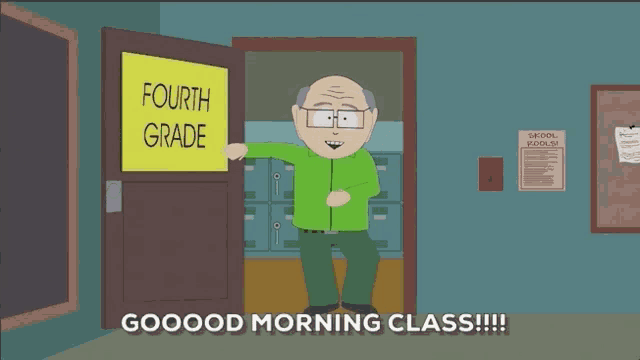 a man in a green shirt is standing in front of a fourth grade door