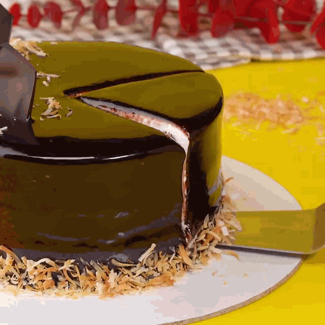 a chocolate cake with a slice missing