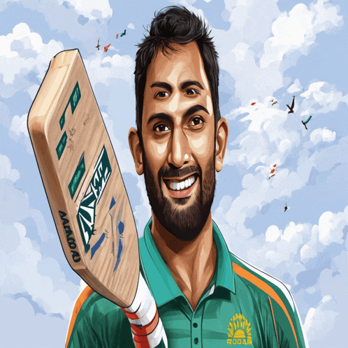 a man with a beard is holding a cricket bat that says ' aaab ' on it