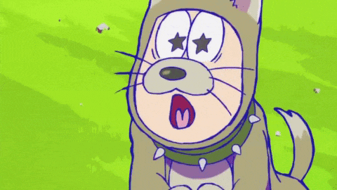 a cartoon dog wearing a cat costume with stars on its eyes
