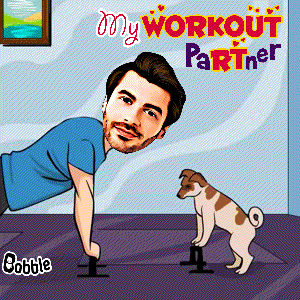 a cartoon of a man doing push ups next to a dog with the words my workout partner above him