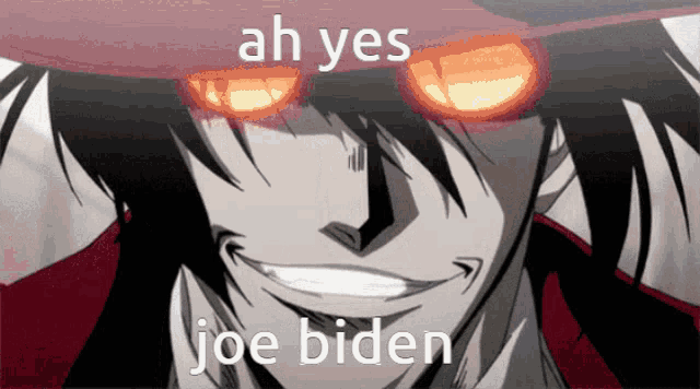 a close up of a person with red eyes and the words ah yes joe biden