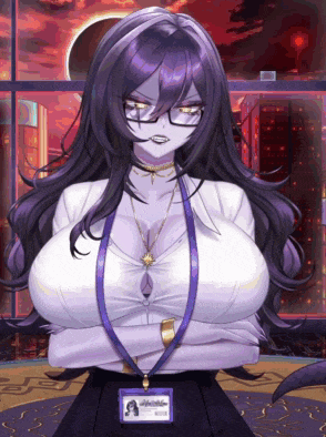 a woman with purple hair and glasses has a lanyard around her neck with a name tag