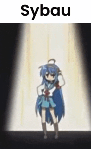 a cartoon girl with blue hair is standing in a dark room with the word sybau above her .