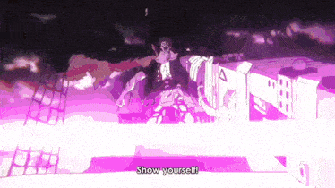 a cartoon character is saying show yourself in a purple background