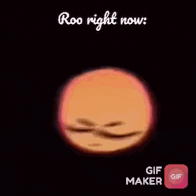 a smiley face with purple eyes and the words `` roo right now '' written on it .
