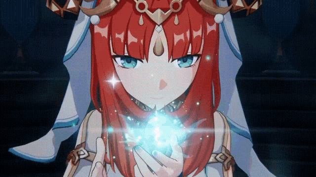 a girl with red hair is holding a blue object in her hands
