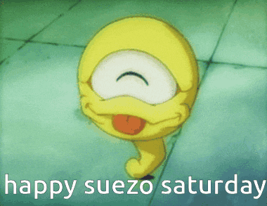 a happy suezo saturday greeting card with a yellow smiley face sticking its tongue out