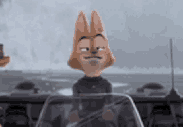 a cartoon fox is sitting in the driver 's seat of a car with his eyes closed .