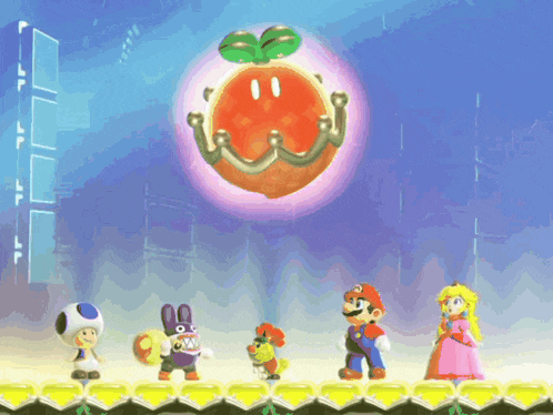 a group of video game characters including mario and princess peach are standing in front of a giant tomato