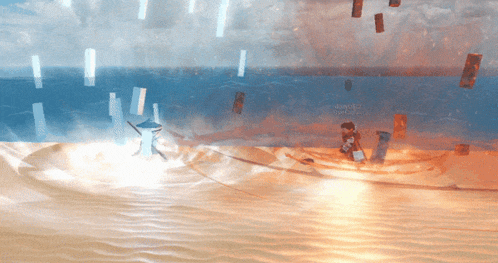 a computer generated image of a person in a boat with a sword