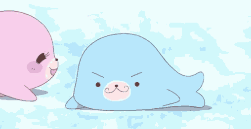 two cartoon seals are laying on top of each other on the ice .
