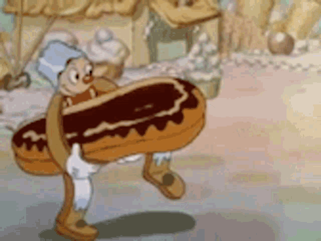 a cartoon character is carrying a large donut on his shoulder .