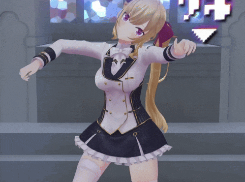 a girl with purple eyes is dancing in front of a window with a white arrow pointing to the right