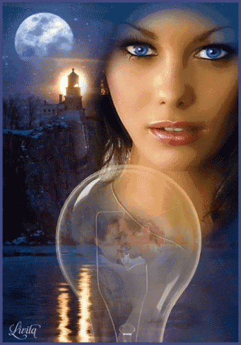 a picture of a woman with blue eyes and a light bulb with a man and woman in it