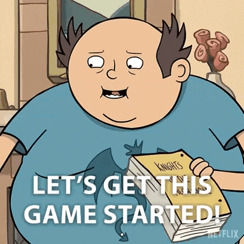 a cartoon of a bald man holding a book that says let 's get this game started