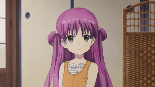 a girl with purple hair and pigtails is wearing an orange tank top