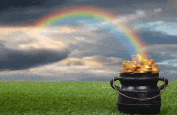 a pot filled with gold coins under a rainbow in the sky
