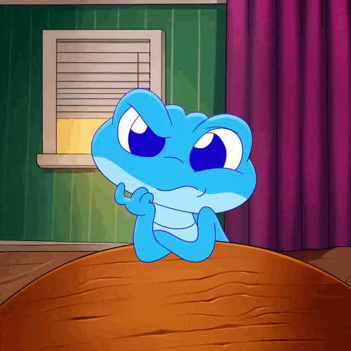 a cartoon frog is sitting at a table in front of a window with blinds