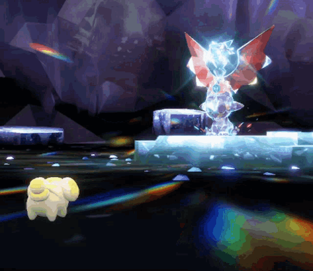 a video game scene with a sheep and a statue