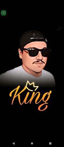 a cartoon of a man wearing sunglasses and a hat with the word king on the bottom