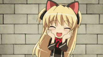 a blonde anime girl with cat ears is smiling and holding her face .