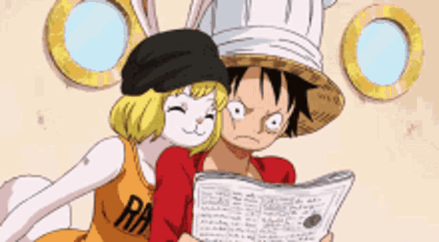 monkey d luffy and carrot from one piece are reading a newspaper together .