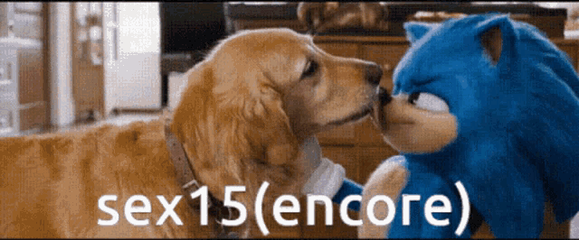 a dog kissing a stuffed animal that says sex15 ( encore ) on the bottom