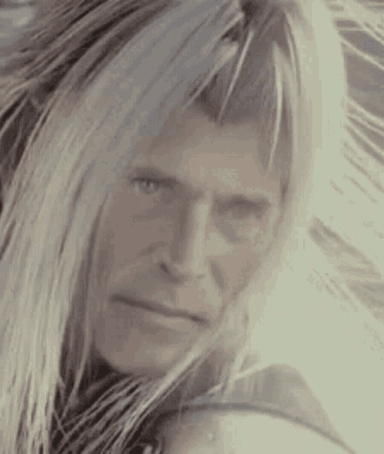 a close up of a man 's face with long white hair