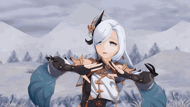 a girl with long white hair is standing in the snow