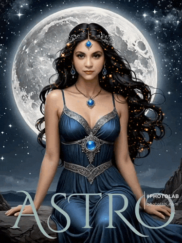 a woman in a blue dress is sitting in front of a full moon and the word astro