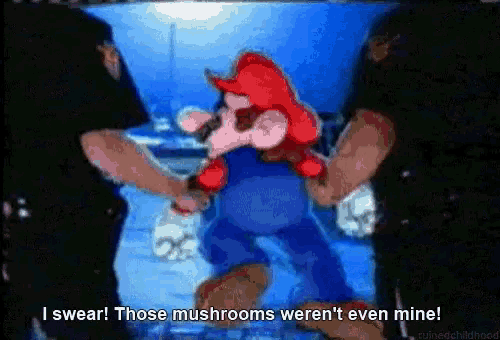 a cartoon of mario being held by two police officers