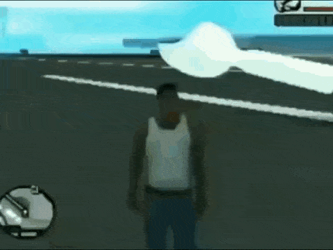 a man is standing on a road in a video game while a plane is flying in the background .