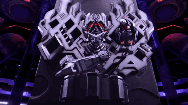 a statue of a robot with a purple background