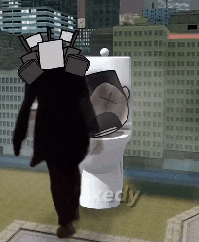 a cartoon drawing of a person standing next to a toilet with the word kedly on the bottom right