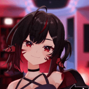 a girl with black hair and red eyes is smiling and wearing a choker