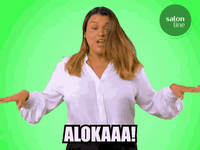 a woman in a white shirt says " alokaaa " in front of a green background