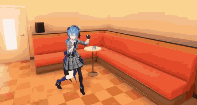 a girl in a plaid dress is standing in a room with red couches and a table