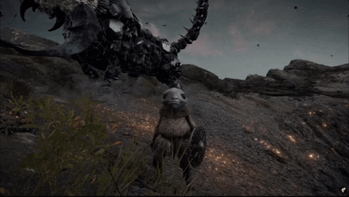 a stuffed animal is standing in front of a skeleton of a monster