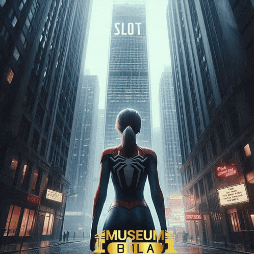a woman in a spiderman costume stands in front of a tall building that says slot on it