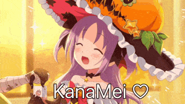 a girl with purple hair is wearing a pumpkin hat and says kanamei on the bottom