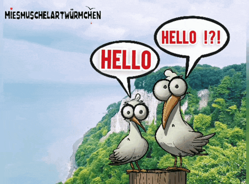 a cartoon of two seagulls with speech bubbles that say hello and hello !
