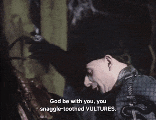 three witches are standing next to each other with the words god be with you you snaggle-toothed vultures