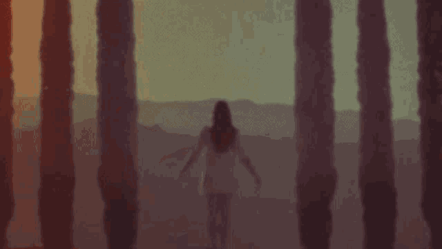 a woman is standing in the middle of a row of trees with her arms outstretched .