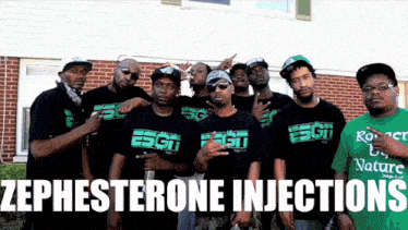 a group of men posing for a picture with the words zephesterone injections in the corner
