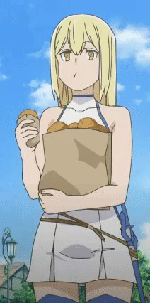 a blonde anime girl is holding a bag of potatoes in her hand